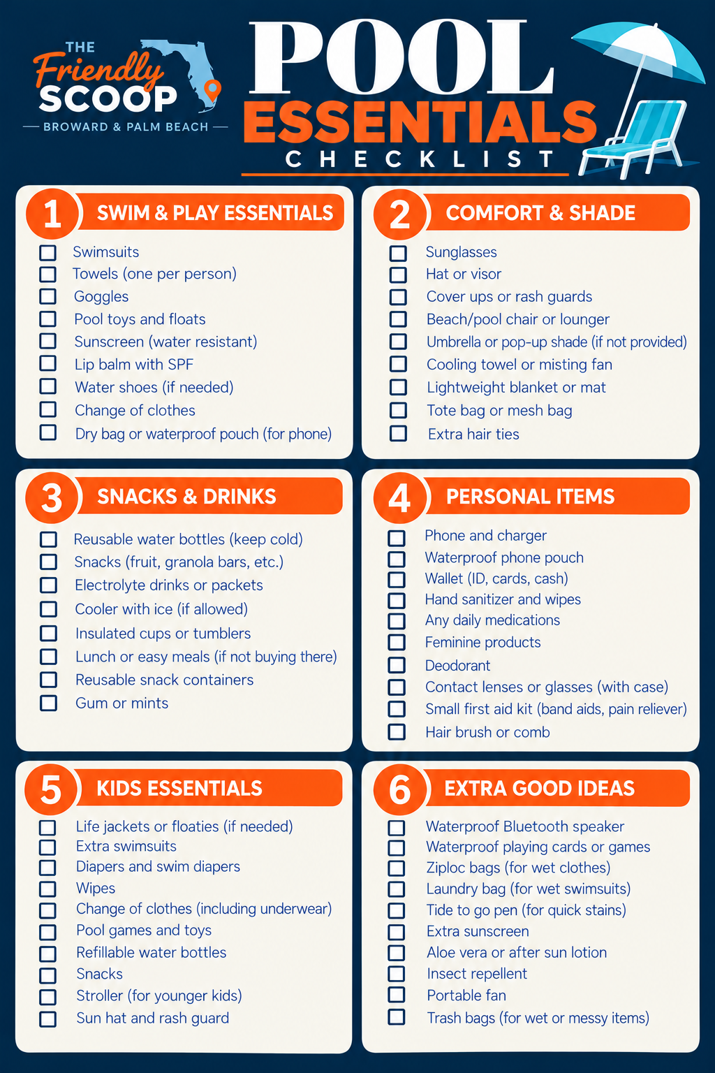 Pool Essentials checklist: six cards covering swim and play essentials, comfort and shade, snacks and drinks, personal items, kids essentials and extra good ideas, each with blank checkboxes