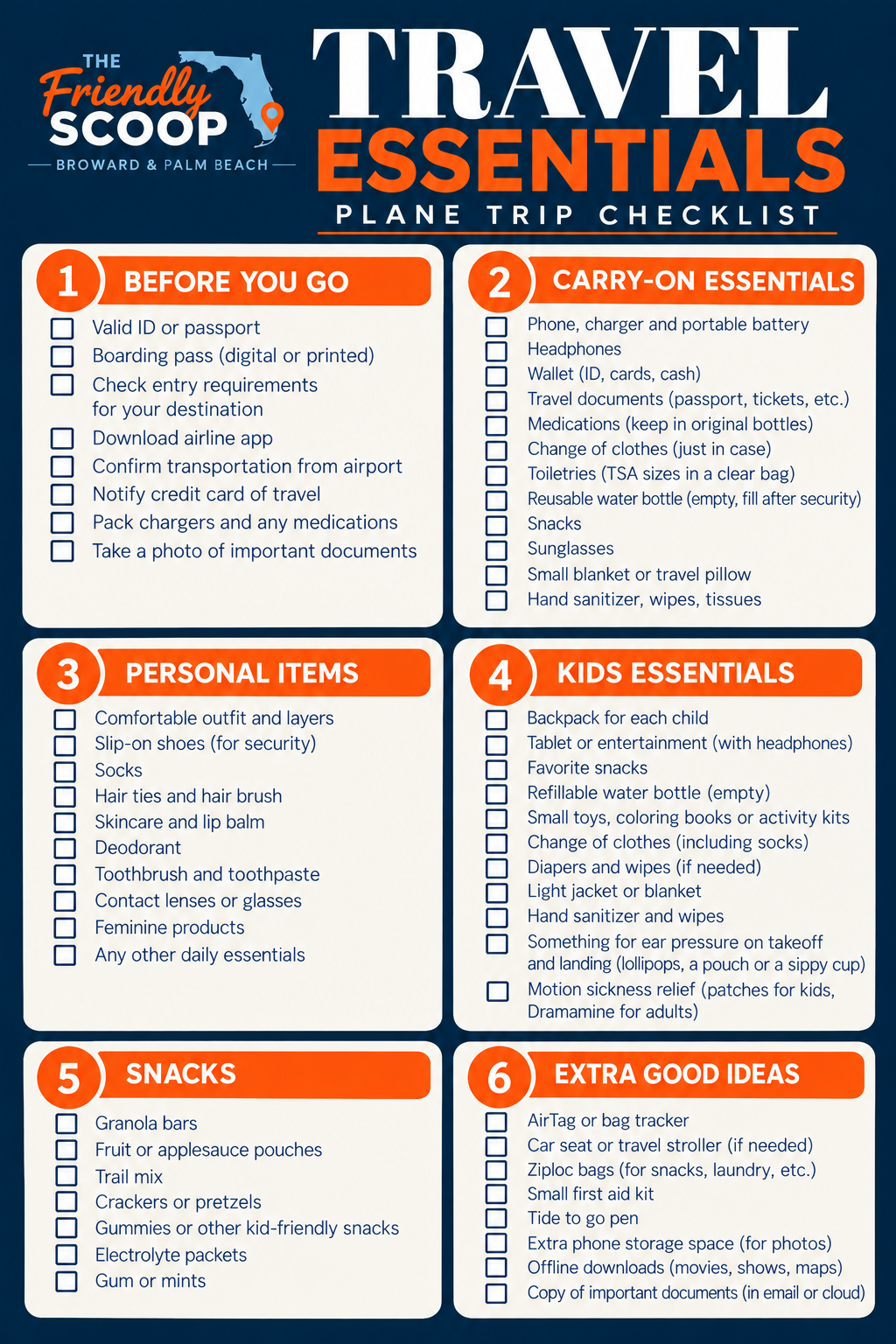 Travel Essentials plane trip checklist: six cards covering before you go, carry-on essentials, personal items, kids essentials, snacks and extra good ideas, each with blank checkboxes