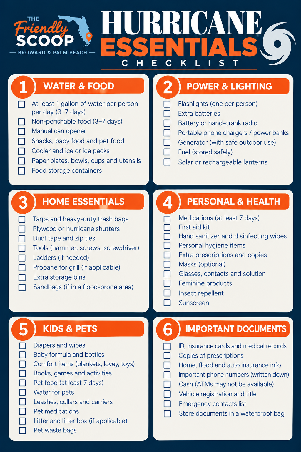 Hurricane Essentials checklist: six cards covering water and food, power and lighting, home essentials, personal and health, kids and pets, and important documents, each with blank checkboxes