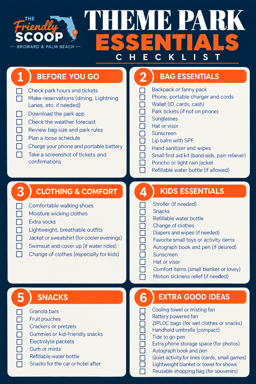 Theme Park Essentials checklist: six cards covering before you go, bag essentials, clothing and comfort, kids essentials, snacks and extra good ideas, each with blank checkboxes