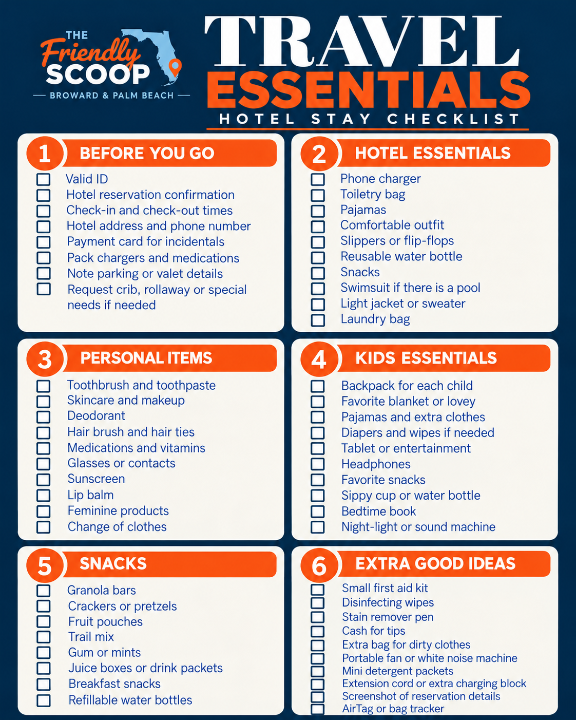 Travel Essentials hotel stay checklist: six cards covering before you go, hotel essentials, personal items, kids essentials, snacks and extra good ideas, each with blank checkboxes
