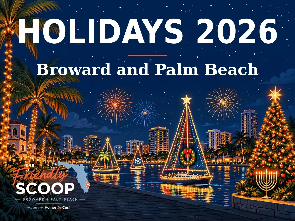 HOLIDAYS 2026, Broward and Palm Beach: illustrated waterfront lights, boat parade and holiday tree with The Friendly Scoop branding
