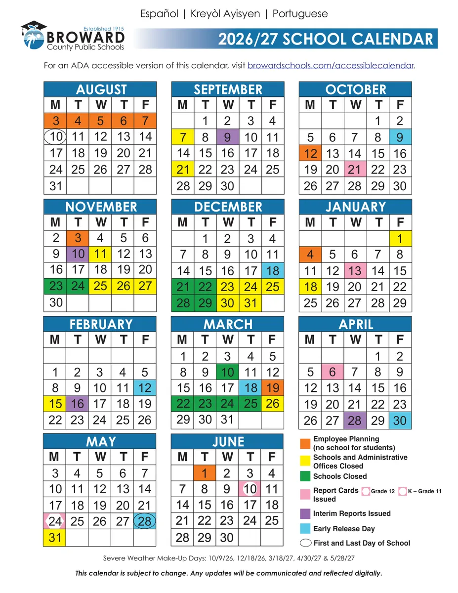 Broward County Public Schools 2026-27 color calendar showing the full school year