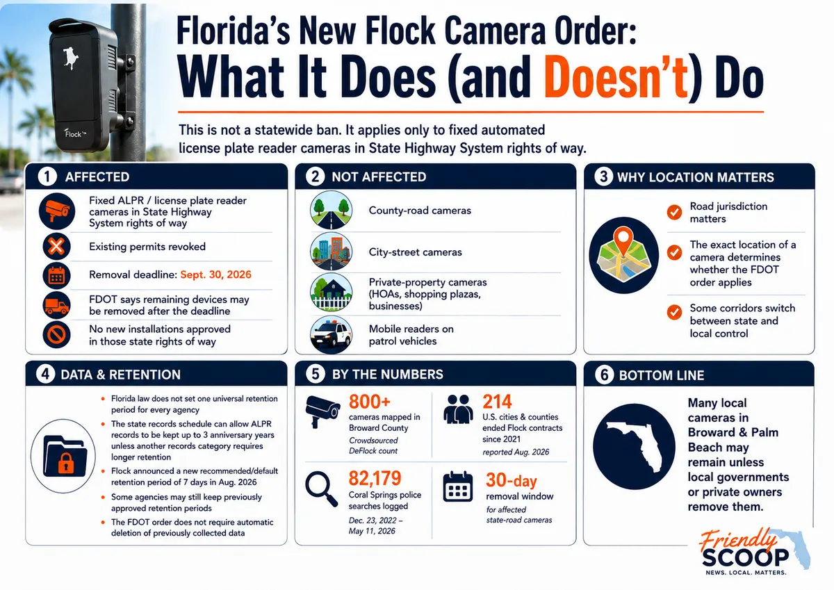 Graphic explaining which license plate reader cameras are affected by the FDOT order: cameras in state highway rights of way must be removed by September 30, 2026, while cameras on county roads, city streets and private property are not covered.