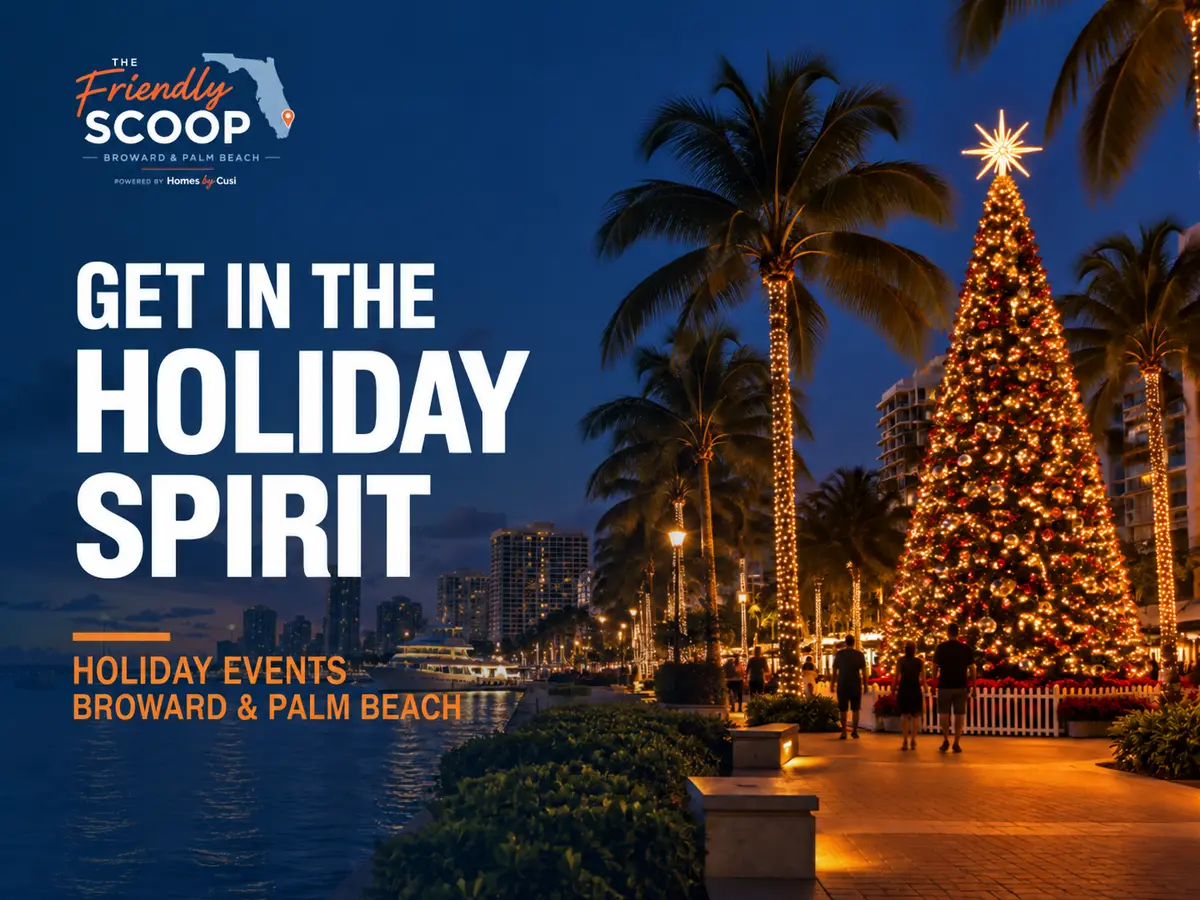 Illustration of a lit holiday tree on a South Florida waterfront at night, with palm trees and string lights