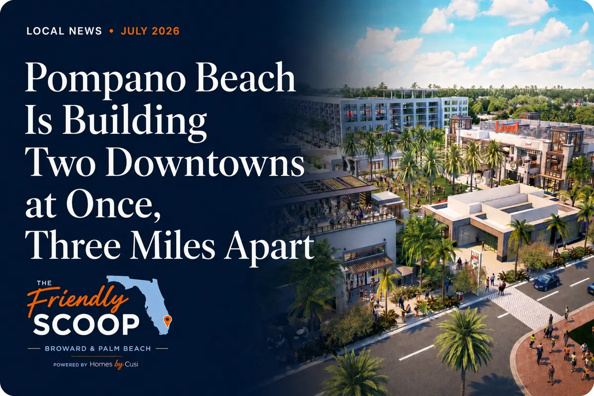 Illustration of redevelopment in Pompano Beach, Florida, covering the new downtown Innovation District and The Pomp