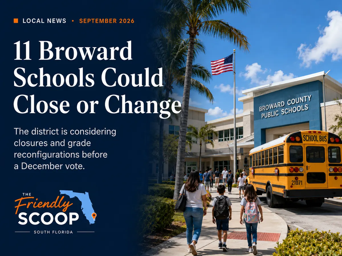 Cover graphic reading 11 Broward Schools Could Close or Change, over a photo of families walking toward a Broward County Public Schools campus with a school bus at the curb.