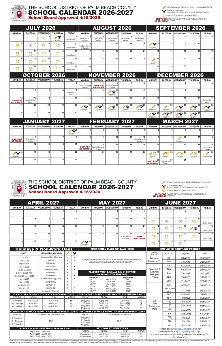 Palm Beach County School District 2026-27 school calendar showing the full school year