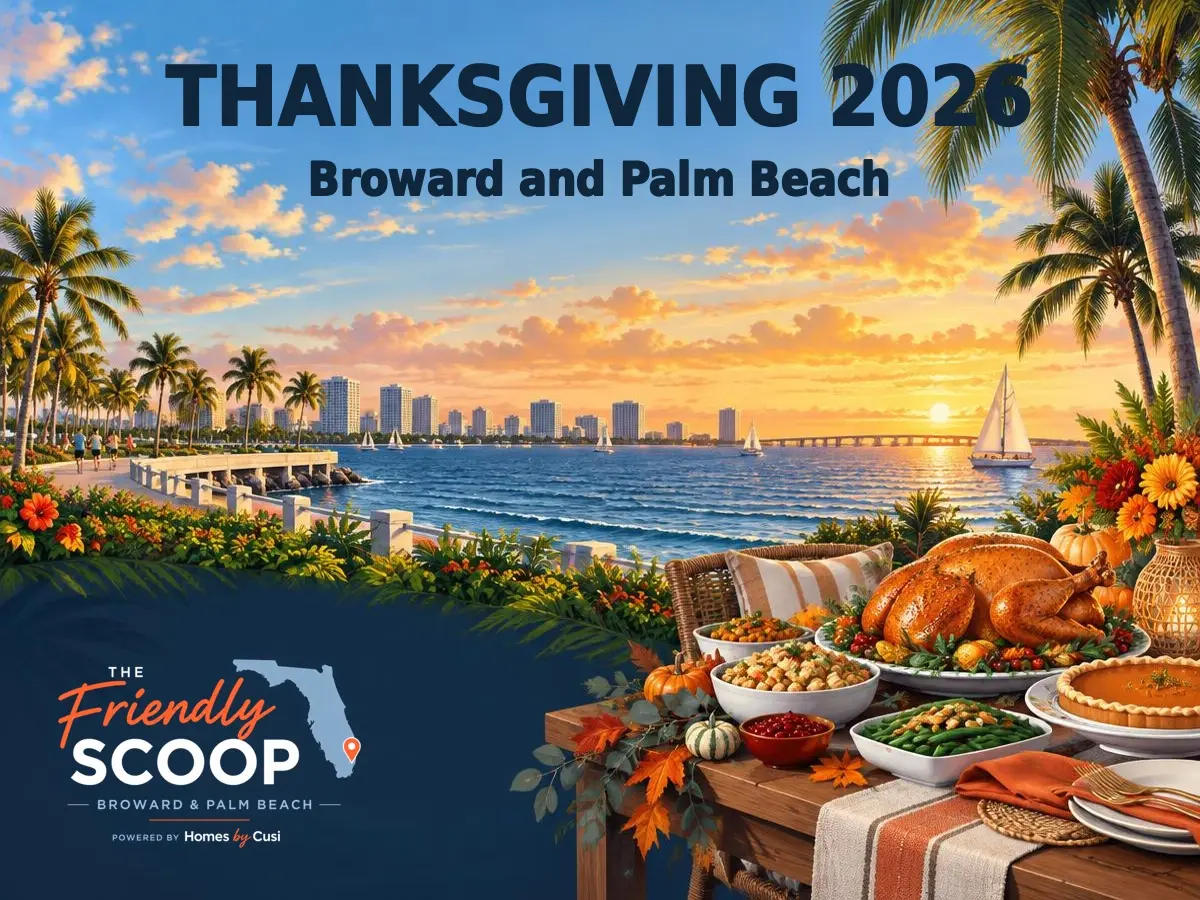 THANKSGIVING 2026, Broward and Palm Beach, illustrated coastal Thanksgiving table with the exact official Friendly Scoop logo