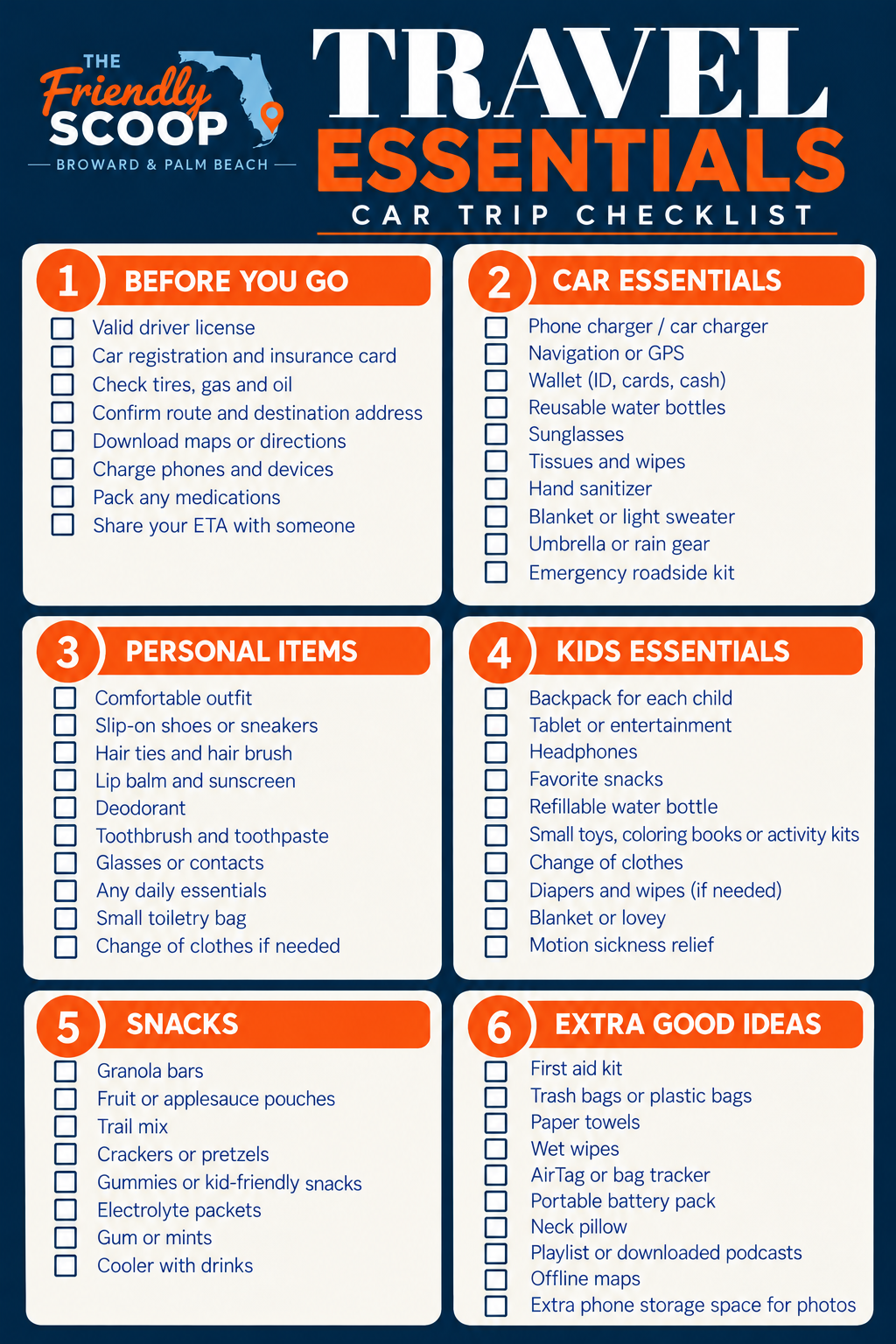 Travel Essentials road trip checklist, banner reads Car Trip Checklist: six cards covering before you go, car essentials, personal items, kids essentials, snacks and extra good ideas, each with blank checkboxes