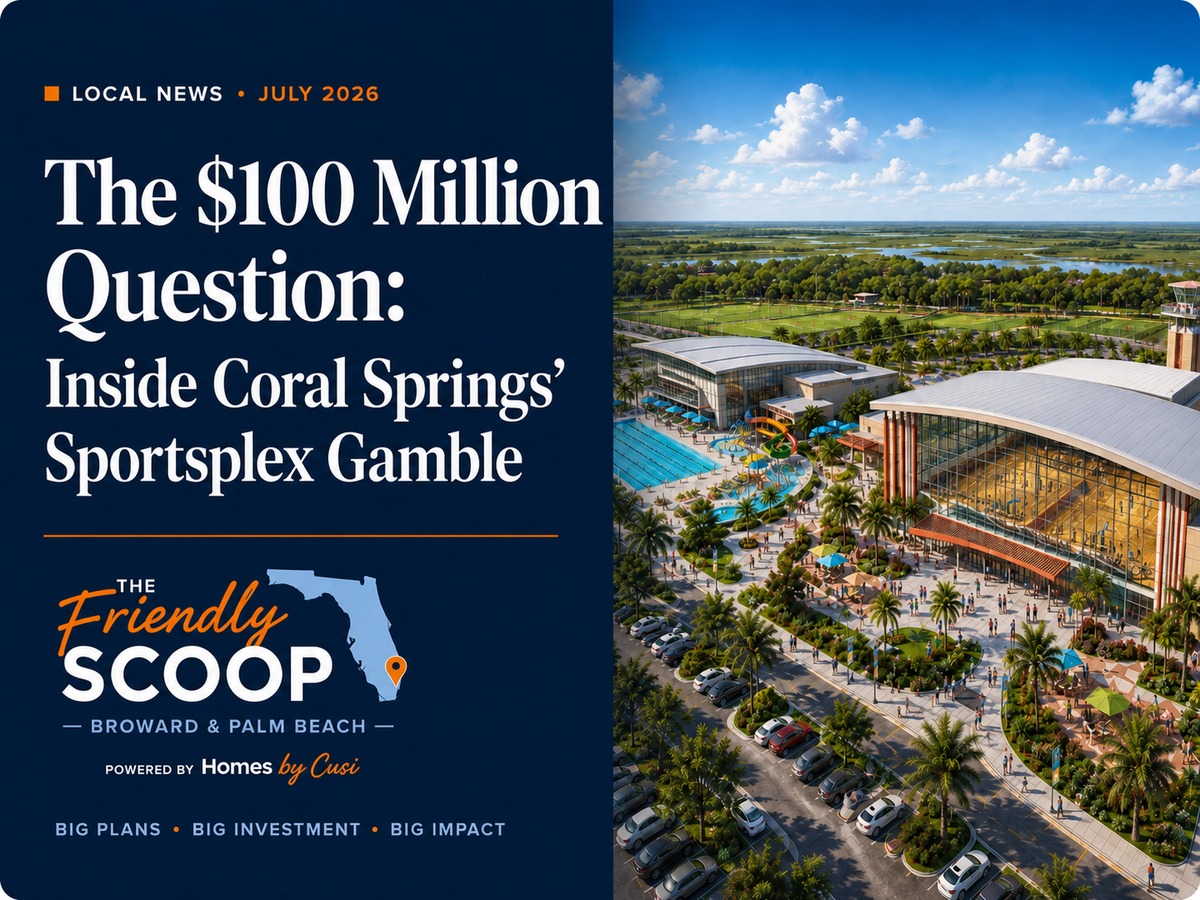 Artist's illustration of the proposed Coral Springs Sportsplex, showing a 12-court sports complex, aquatics center, and gathering areas. Preliminary concept, not an official rendering.