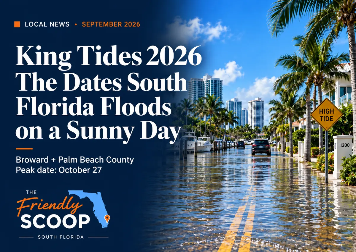 The Friendly Scoop cover graphic for a guide to 2026 king tide dates and sunny day flooding in Broward and Palm Beach County
